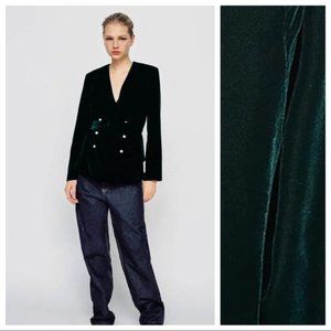 Zara Dark Green Velvet Long Jacket  Pearl Buttons Belted Size XL